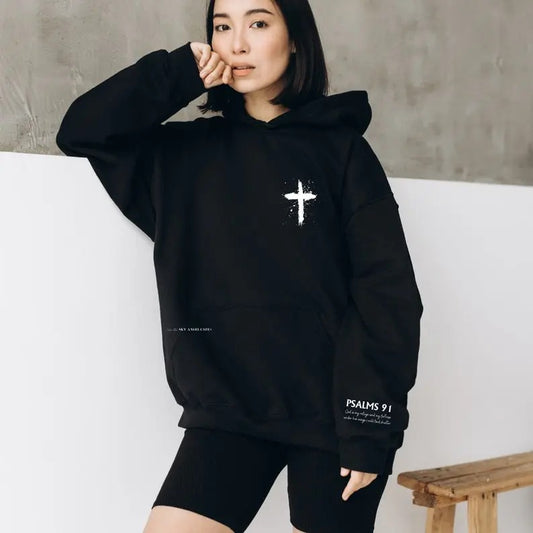 Psalms 91 Sleeve with Cross Hoodie, Church Bible Study Matching Tops, Christian Sweatshirt Aesthetic Hoodie Trendy  T-shirt, sweater and Hoodie