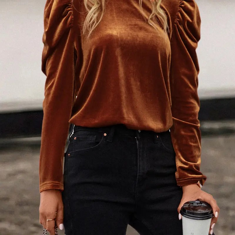 Puff Long Sleeve Mock Neck Velvet Party Blouse Tops T-Shirts, Hoodie, Sweatshirt | DripVista.com