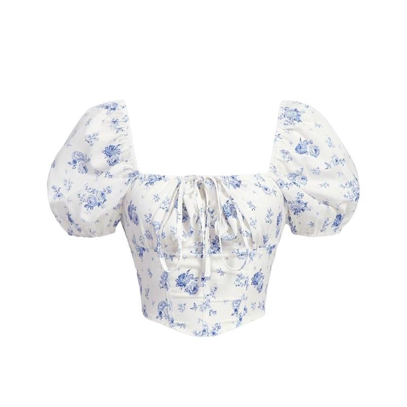 Puff Sleeve Asymmetrical Hem Bow Blouse Crop Tops T-Shirts, Hoodie, Sweatshirt | DripVista.com