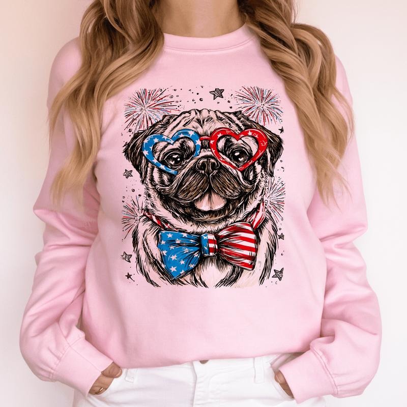 Pug Patriotic Dog, USA, America, Pet Lover, 4th of July Sweatshirt, Crew Neck, Women's, Crewneck T-Shirts, Hoodie