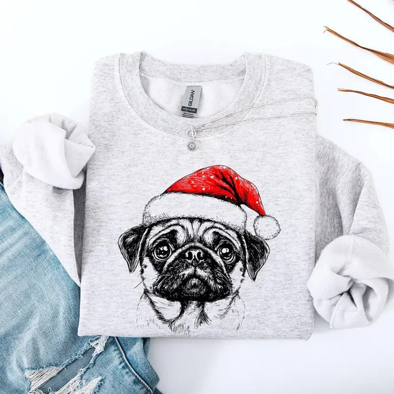 Pug, Santa, Dog, Christmas, Dog Lover, Pet Sweatshirt, Crew Neck, Women's, Crewneck T-Shirts, Hoodie | DripVista.com
