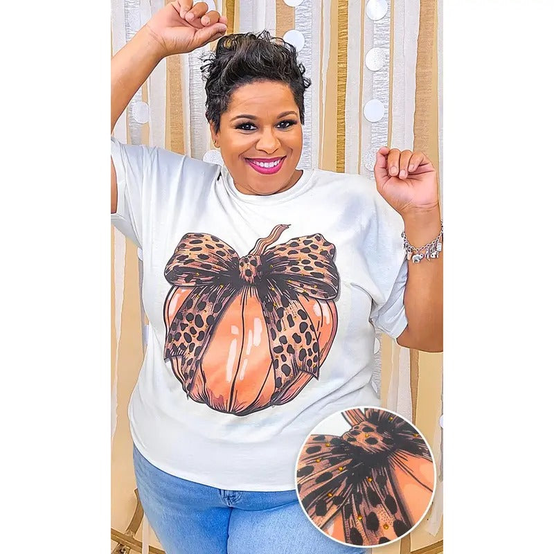 Pumpkin Cheetah Bow Rhinestone Graphic Shirt Hoodie, Sweatshirt | DripVista.com