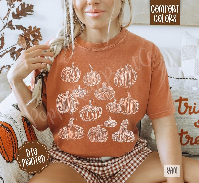 Pumpkin Doodles Comfort Colors Shirt, Trendy Women's Fall Tshirt
