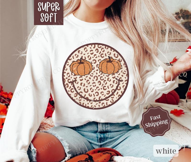 Pumpkin Happy Face Sweatshirt, Retro Fall Crewneck, Womens Sweatshirt, Fall Sweater T-Shirts, Hoodie | DripVista.com