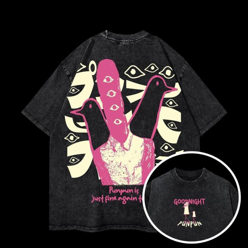 Punpun, Heavy Oversized Acid-Washed Unisex Anime T-Shirt, Streetwear & Gym Style, GOODNIGHT PUNPUN, Cozy Fit, Perfect for Any