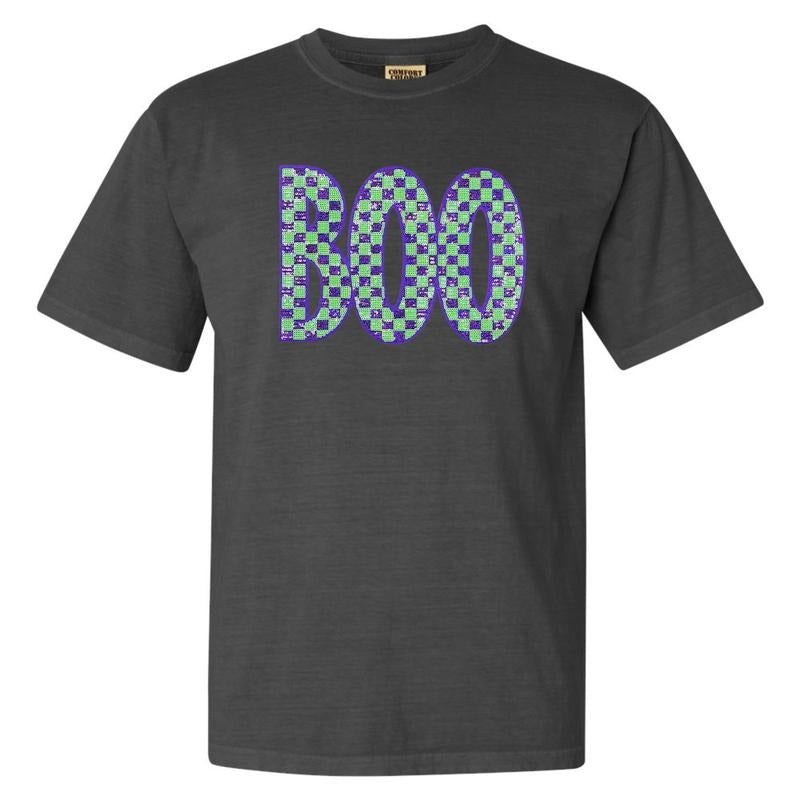 Purple & Green BOO Sequin Patch Comfort Colors T-Shirt Hoodie, Sweatshirt | DripVista.com