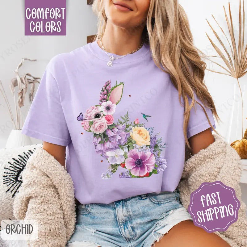 Purple Floral Bunny Shirt Comfort Colors, Easter Tshirt, Trendy Bunny Women's Tee, Gift for Her