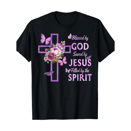[Purple Floral Cross Tee] 100% Cotton Purple Floral Cross Christian T-Shirt - Blessed by God Saved by Jesus Made in USA