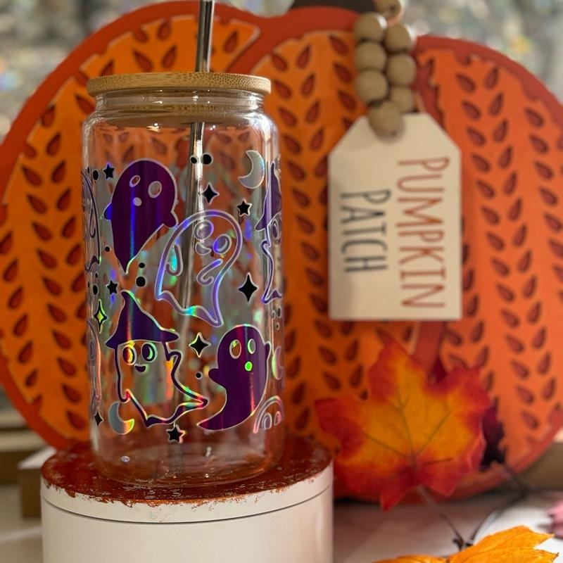 Purple Ghost Holographic Halloween Glass - 16oz - Drinkware with Lid and Straw T-Shirts, Hoodie, Sweatshirt | DripVista.com