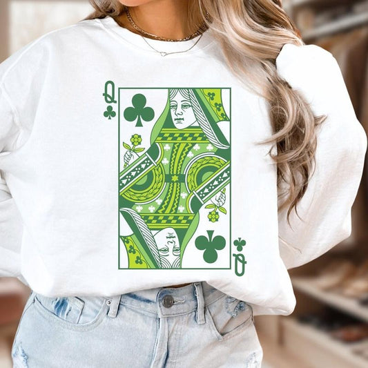 Queen of Clubs Sweatshirt for St. Patrick's Day, Green St. Pats T Shirt, Retro Boho Vintage Graphic Tee, Fun Green Pub Crawl Tee