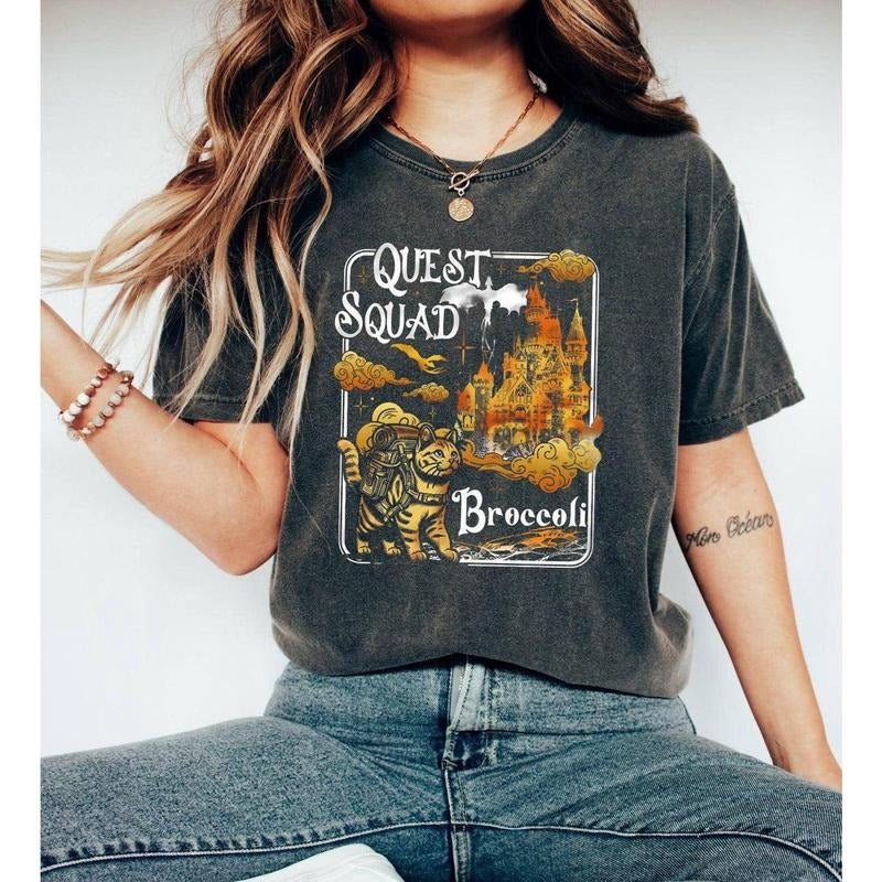 Quest Squad Broccoli Cat Shirt, Fantasy Castle Cat Tee, Comfort Colors Shirt, Onyx Storm , Magic Adventure , Bookish Gift...
