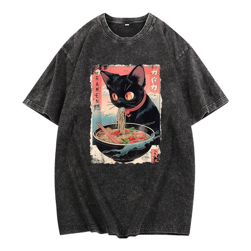 "Quirky Washed Men'WB shield Lightsaber brand - Shirt with WB shield Playful Design, Featuring WB shield Black Cat Eating...