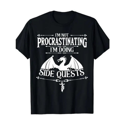 RPG Gamers' Humorous T-Shirt - Men's Gaming Graphic Tee with Funny Slogan "I'm Not Procrastinating I'm Doing Side Quests" - Short Sleeve, Casual Wear, Perfect for Gaming Events Made in USA