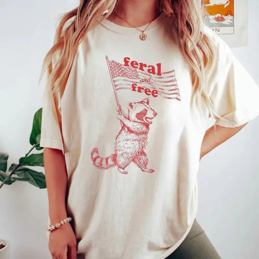 Raccoon Shirt 4th Of July Tee Retro Vintage Raccoon Shirt Wild Life Funny Meme Shirts Patriotic Usa Freedom Feral Joke Shirt Gift Summer Tee, Unisex T-Shirt, Gifts For Fan, Short Sleeve Tee Shirt, Gifts For Birthday Fathers Day Christmas Anniversary