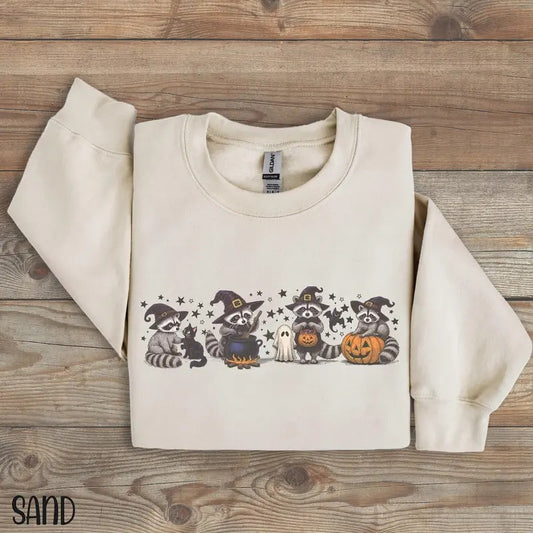 Raccoon Sweatshirt for Halloween, Retro Raccoon Crewneck, Halloween Raccoon Shirt, Funny Witch Sweatshirt, Cotton Sweaters