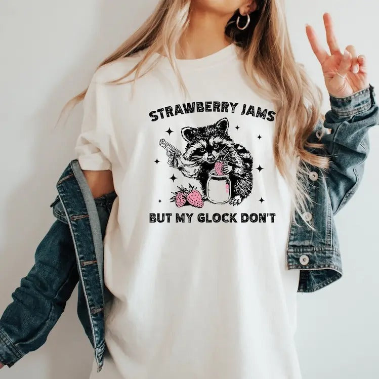 Raccoon Tshirt, Strawberry Jams But My Gl*ck Dont, Funny Raccoon Shirt, Funny Meme T-Shirt Top Womenswear Comfort Streetwear