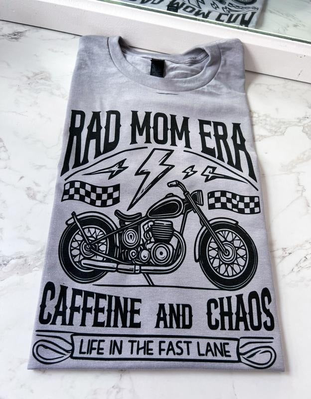 Rad Mom Era Caffeine and Chaos Motorcycle Short Sleeve Graphic Tee Unisex Screen Printed T-Shirt Womenswear Crewneck...
