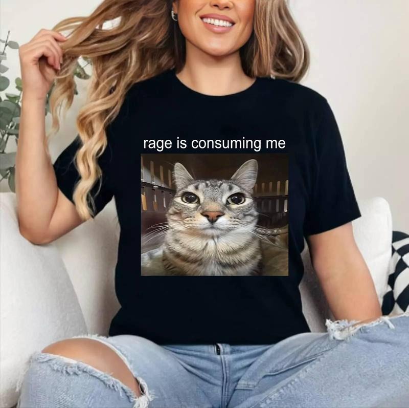 Rage Is Consuming Me Silly Staring Cat Meme T-Shirt , Unisex Cotton, Crewneck, Top Womenswear Hoodie, Sweatshirt