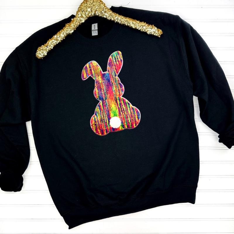 Rainbow Chenille Bunny Patch Sweatshirt -- BLACK T-Shirts, Hoodie | DripVista.com