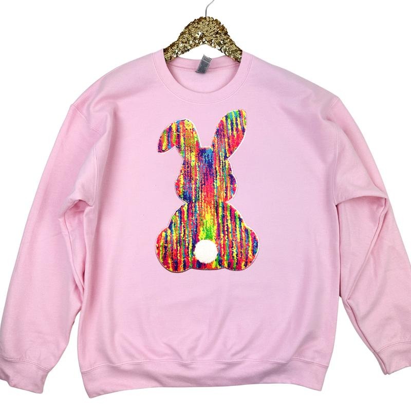 Rainbow Chenille Bunny Patch Sweatshirt -- LIGHT PINK T-Shirts, Hoodie | DripVista.com