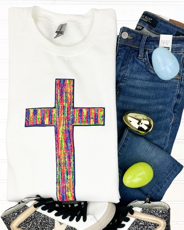 Rainbow Chenille Cross Patch Sweatshirt -- WHITE T-Shirts, Hoodie | DripVista.com