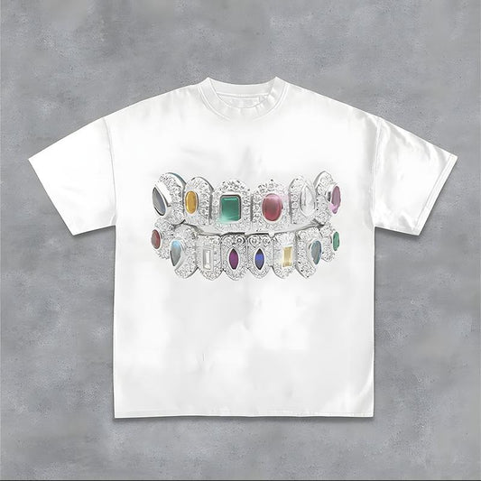 Rainbow Gem Grillz Graphic Tee Oversized Y2k Clothing Streetwear T-Shirt Graphic Tee for Men Women
