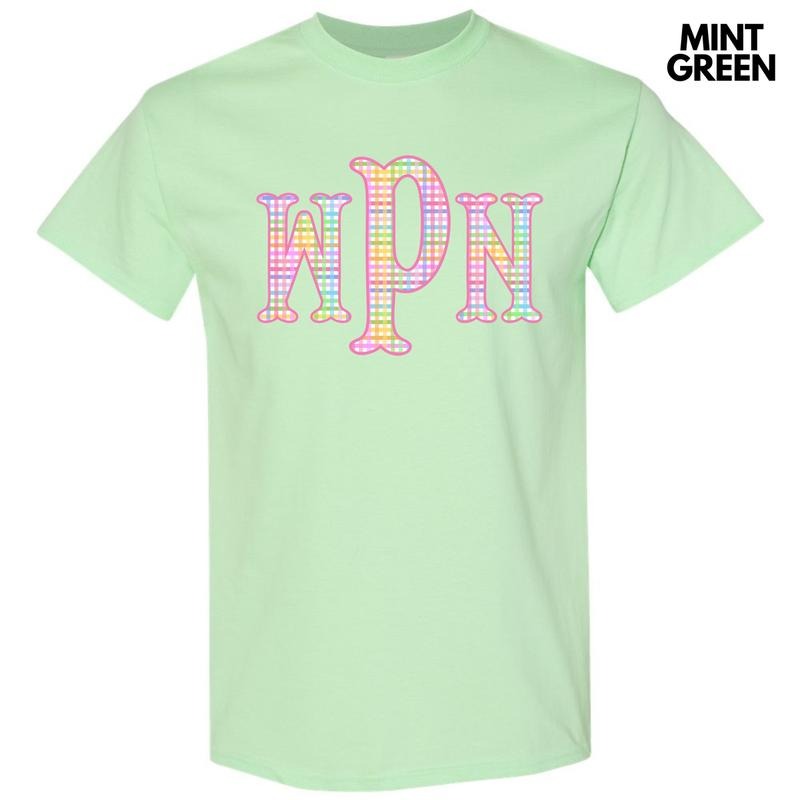 Rainbow Plaid Monogram Gildan Short Sleeve T-Shirt 'NLB' Hoodie, Sweatshirt | DripVista.com