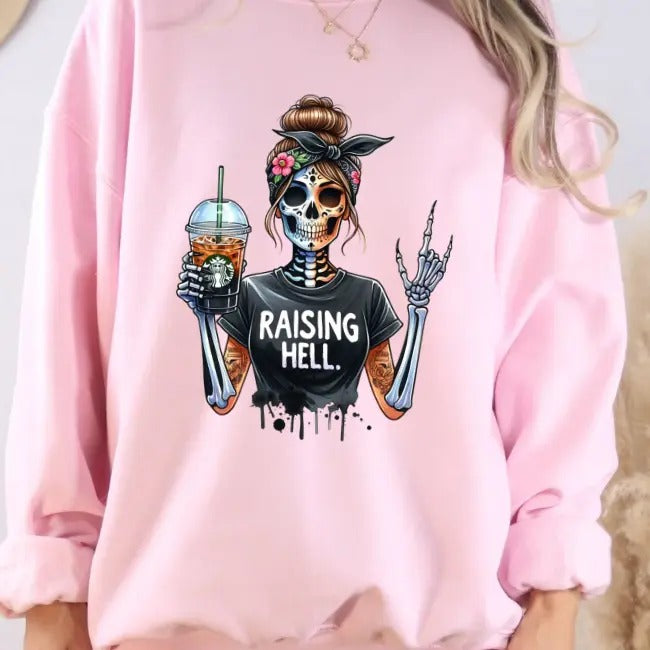 Raising H3ll Coffee Skeleton Graphic Sweatshirt T-Shirts, Hoodie | DripVista.com