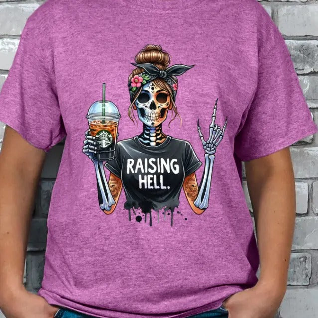 Raising H3ll Coffee Skeleton Graphic T-shirt Casual Crewneck Hoodie, Sweatshirt | DripVista.com