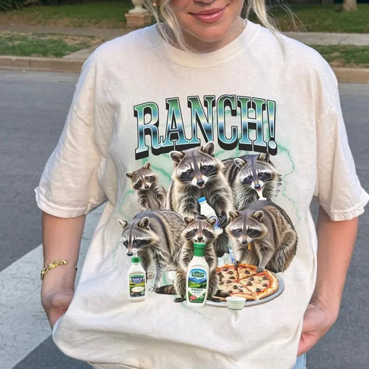 Ranch Dressing Feral Raccoon Bootleg T-Shirt, Unhinged Raccoon Meme, Shirts That Go Hard, Dark Humor Gift, Pickle Shirt, Graphic Printed, Full Sizes, Full Colors, Cotton Round Neck Tee, Unisex Tshirt for Men and Women, Menswear, Womenswear, Lady Top