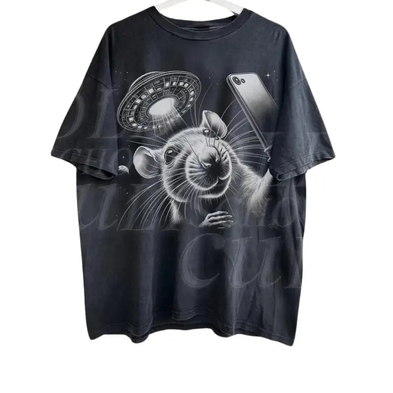 Rat Selfie With Ufo Vintage Graphic 90s Style T-Shirt, Unisex Retro Funny Rat Graphic Tee, Ufo Meme Possum Shirt, Alien...