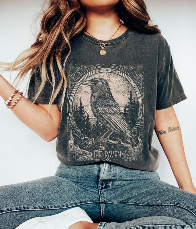 Raven Shirt, Dark Academia Aesthetic Bookish Poet Shirt, Goth Tarot Card T-shirt, Edgar Allan Poe Vintage Inspired Tshirt...
