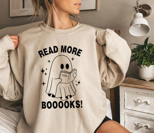 Read More Booooks Sweatshirt, Halloween Sweatshirt, Ghost Read More Books Teacher Shirt, Librarian Halloween Gift, Spooky Season Trendy Shirts, Gift for Halloween, Book Lover