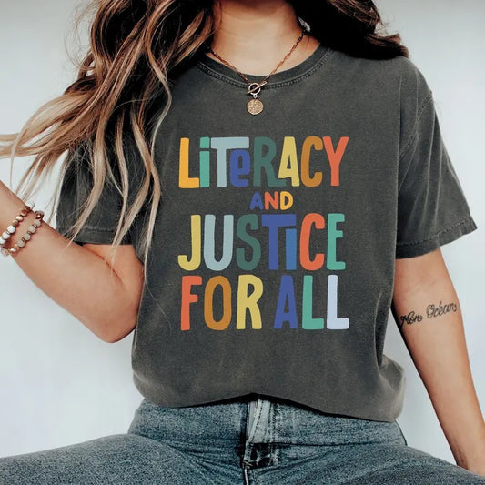 Reading Shirt For Women, Literacy And Justice For All, Book Club Tshirt, School Librarian Shirt, Unisex Short Sleeve Tee Shirt, Casual Clothing
