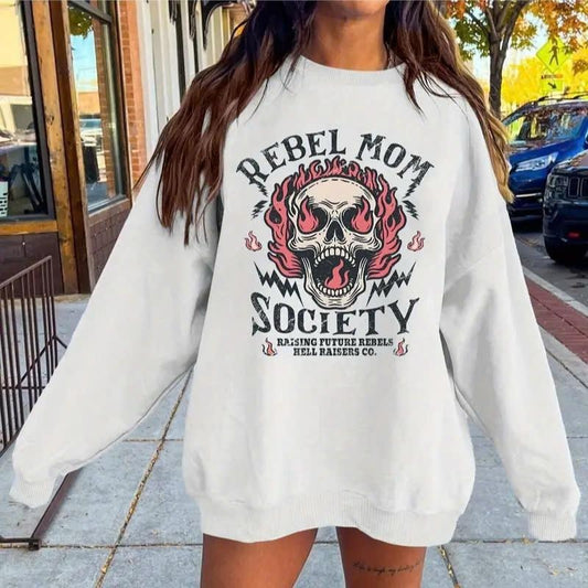 Rebel Mom Society  Halloween Skull & Letter Print Long Sleeve Pullover Sweatshirt, Women's Sportswear for Fall & Winter, Outdoor Wear Cotton Fabric