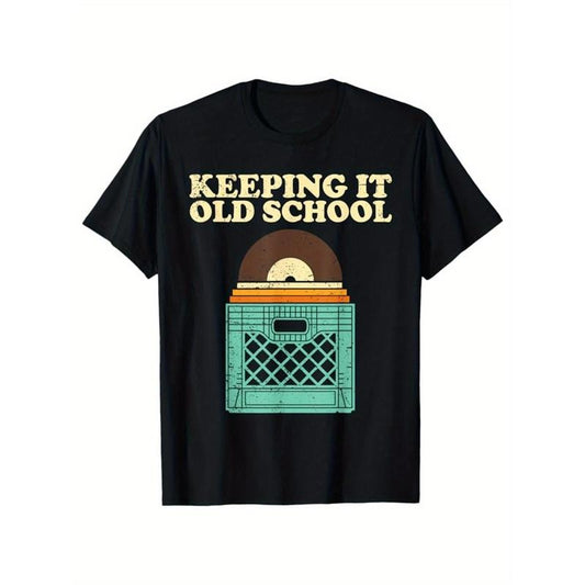 [Record Player Print Tee] Graphic Record Player Print Cotton T-shirt - Men's Casual Short Sleeve Crew Neck Tee - Gift for Men Made in USA