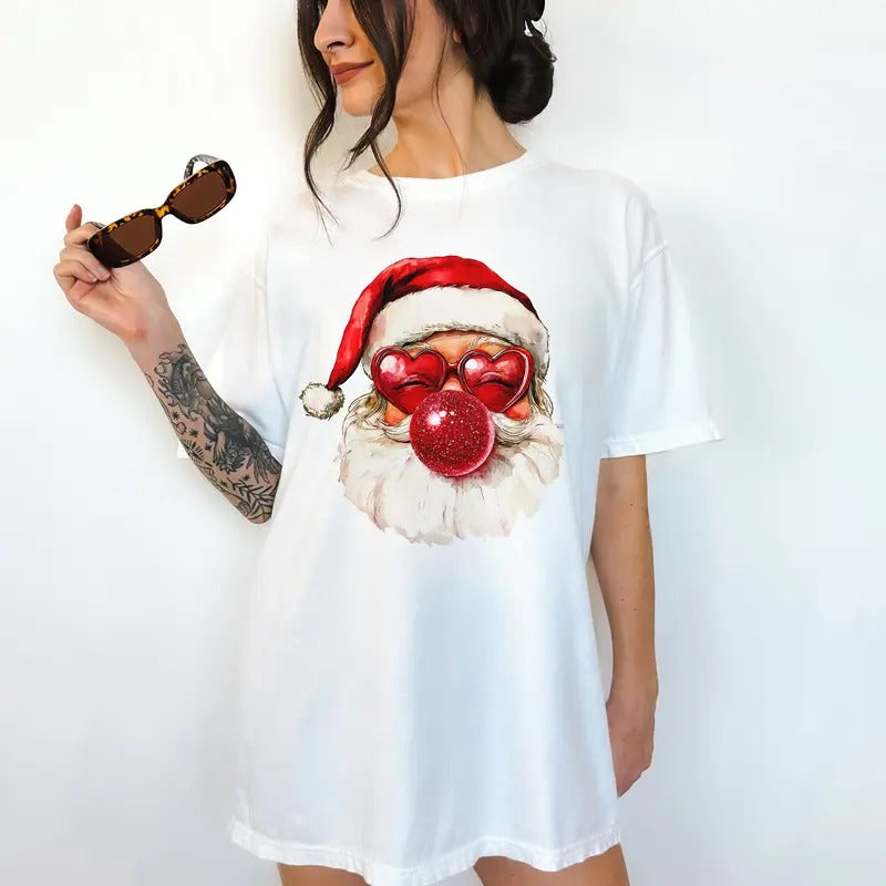 Red Bubblegum Santa - T-Shirt -  Print is Sublimation, Unisex T-Shirt, Funny Tee,Gift Idea, Relaxed Fit, Casual Apparel, Great with Jeans, Womenswear Graphic