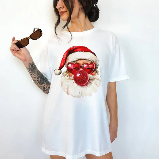 Red Bubblegum Santa - T-Shirt -  Print is Sublimation, Unisex T-Shirt, Funny Tee,Gift Idea, Relaxed Fit, Casual Apparel, Great with Jeans, Womenswear Graphic