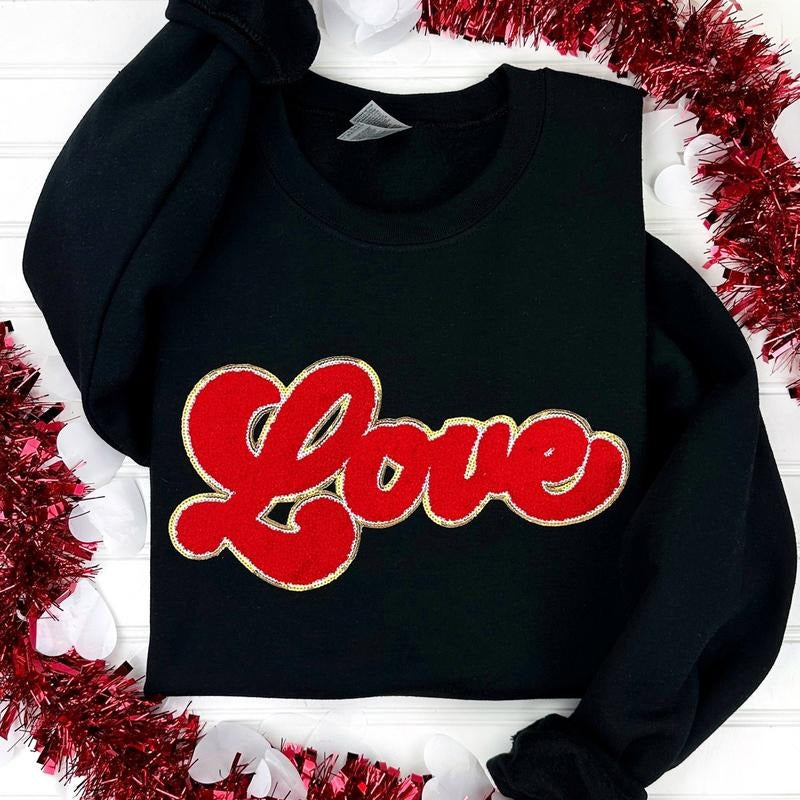 Red Chenille LOVE Patch Sweatshirt T-Shirts, Hoodie | DripVista.com