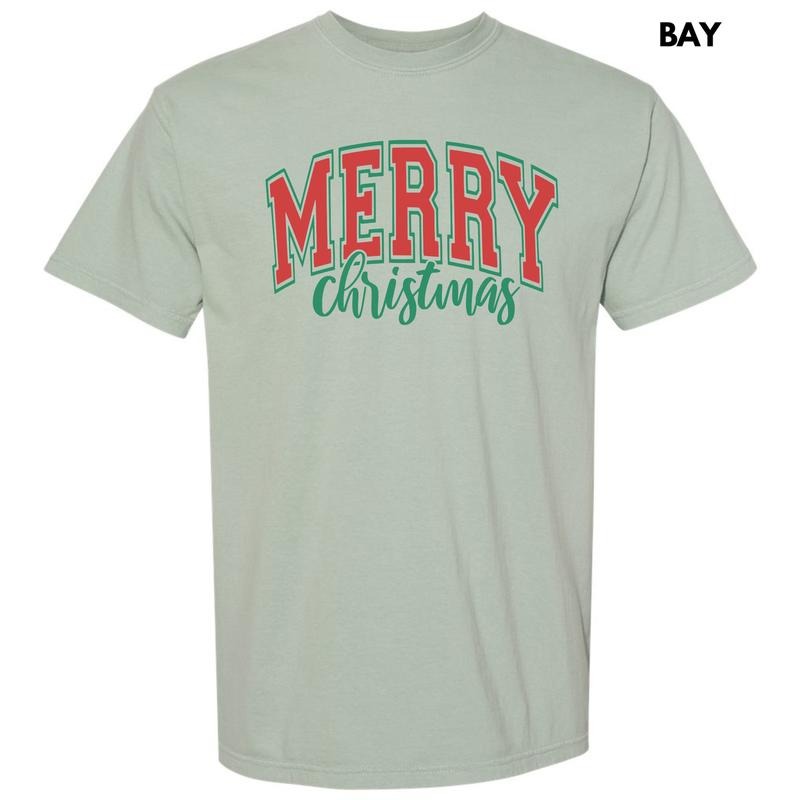 Red Cursive Varsity Merry Christmas Comfort Colors T-Shirt 'NLB' Hoodie, Sweatshirt | DripVista.com