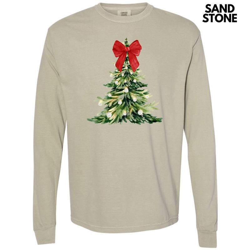 Red Elegant Christmas Tree Long Sleeve Comfort Colors T-Shirt 'NLB' - Hoodie, Sweatshirt | DripVista.com
