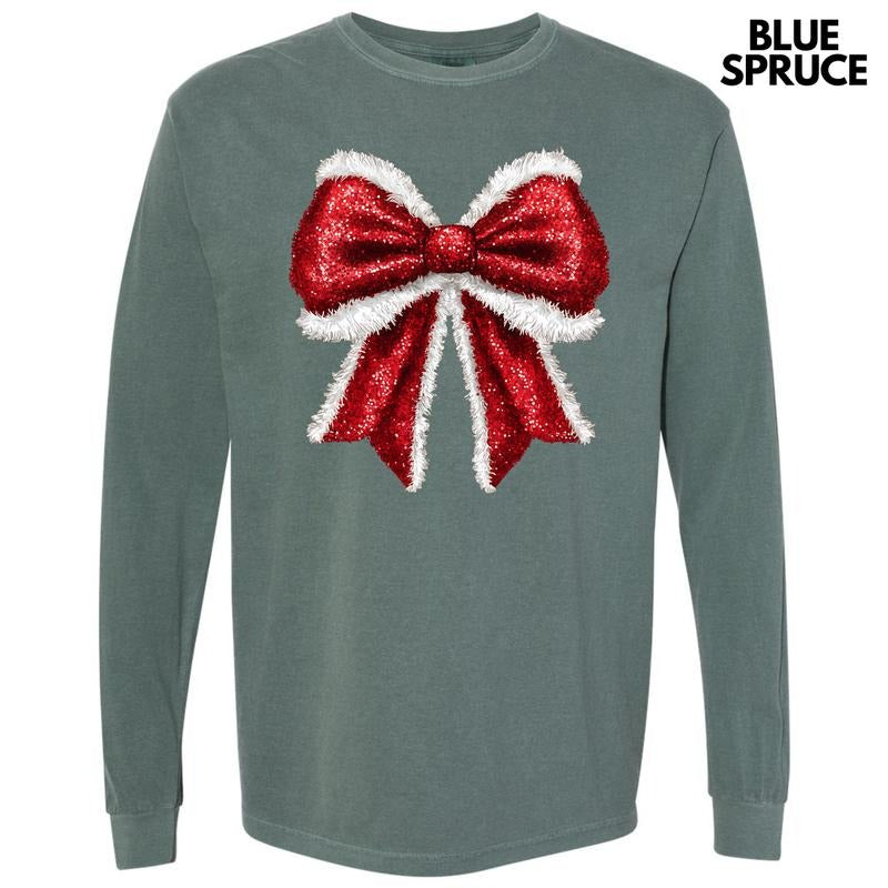 Red FAKE Glitter & Fur Bow Long Sleeve Comfort Colors T-Shirt 'NLB' Hoodie, Sweatshirt | DripVista.com