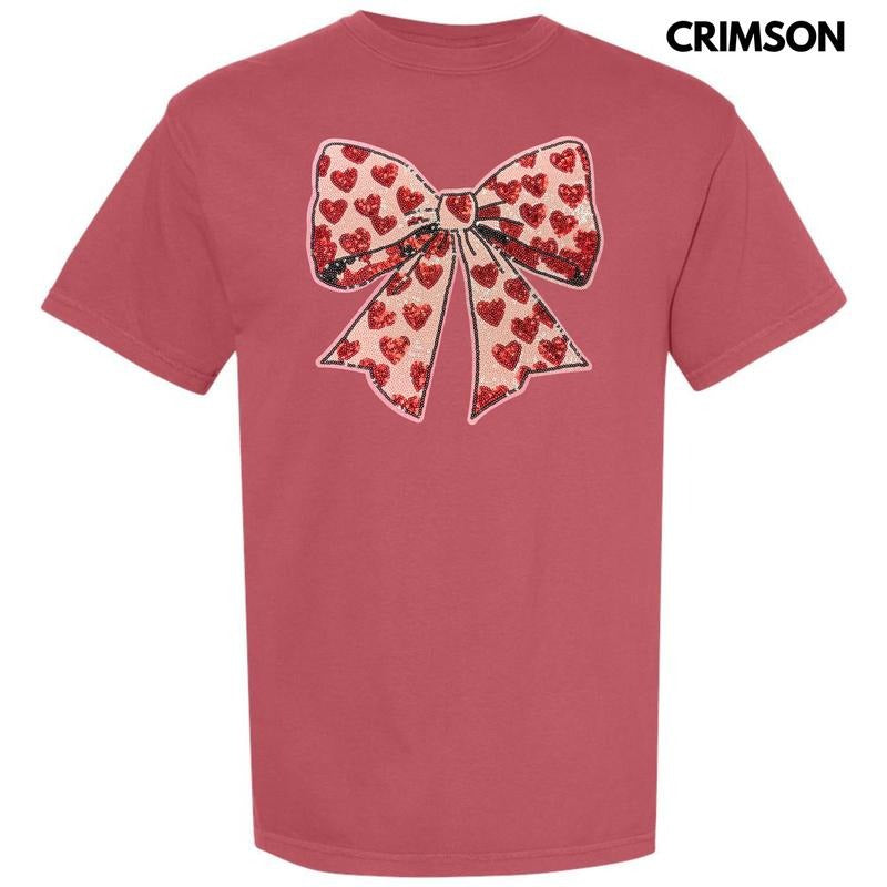 Red Heart & Pink Bow Sequin Patch Comfort Colors T-Shirt Hoodie, Sweatshirt | DripVista.com