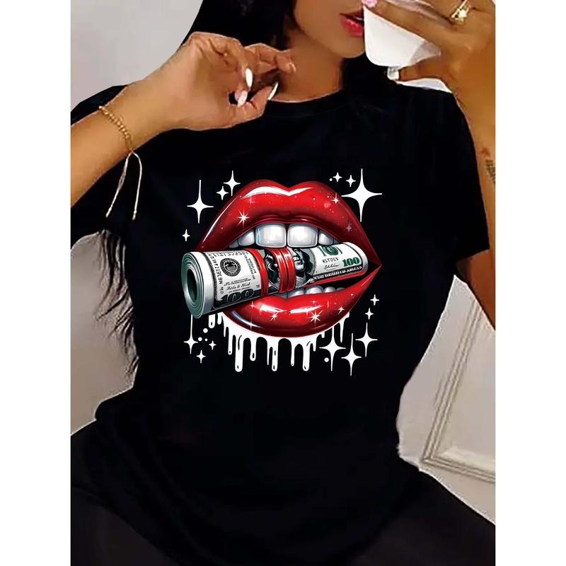 Red Lips & Dollar Print T-shirt, Casual Short Sleeve Crew Neck Top Stylish Spiky hair fighters Season Women'WB shield...