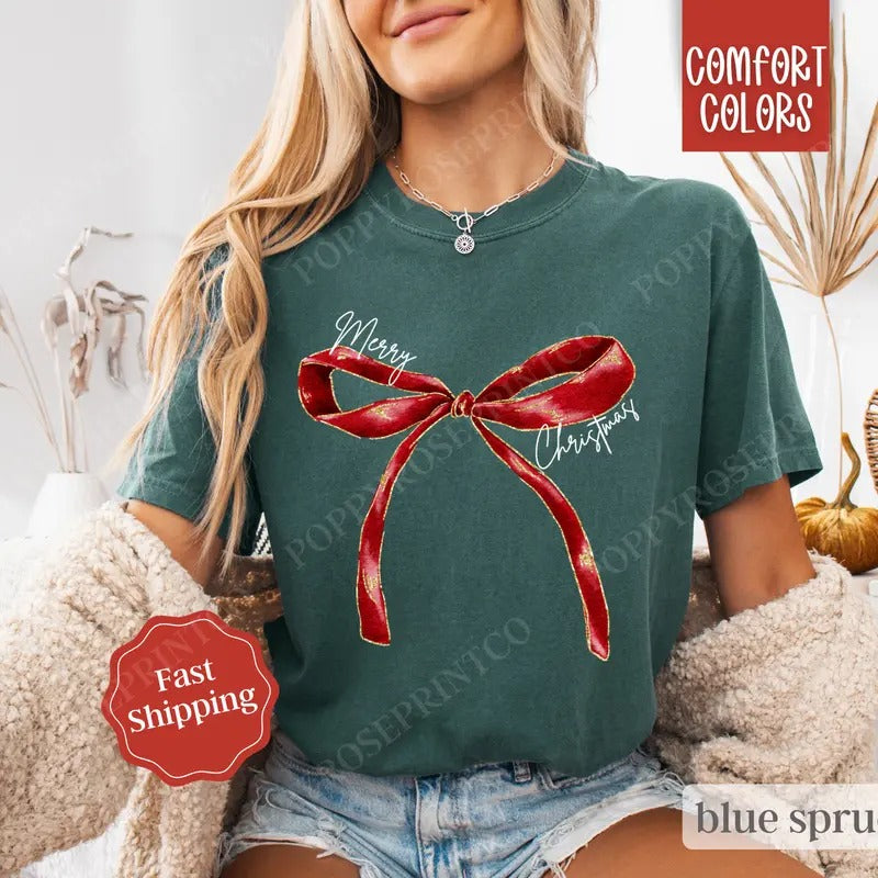 Red Merry Christmas Bow Shirt, Coquette Christmas Bow Tee, Women's Holiday Tshirt Hoodie, Sweatshirt | DripVista.com