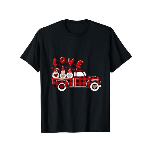 Red Plaid Truck Three Goblins Holding Love Hearts Valentine's Day T-shirt, 100% Cotton, Fabric Weight 180g, Gift for Male and Female Friends and Family Members, S-XXXL, Black made in usa