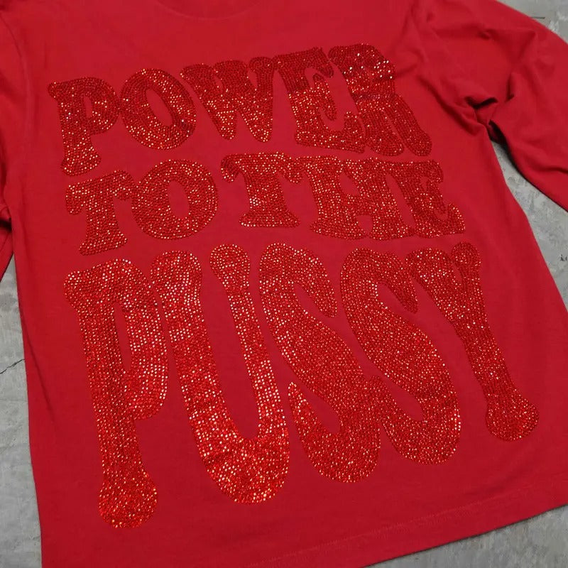 Red Power to the P Rhinestoned Heavy Weight Long Sleeve T-Shirt Hoodie, Sweatshirt | DripVista.com