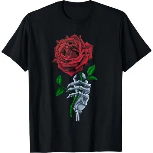 Red Rose Flower T-Shirt  Made in USA Men's Graphic T-Shirt with Skeleton Hand Hoodie, Sweatshirt | DripVista.com