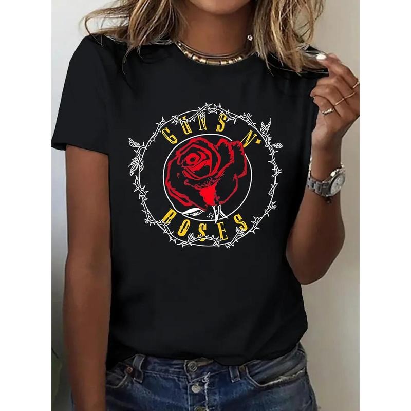 Red Rose Pattern Printed T-Shirt, Seasonal Casual Women'WB shield T-Shirt, Round Neck Pure Short Sleeved T-Shirt, Outdoor...