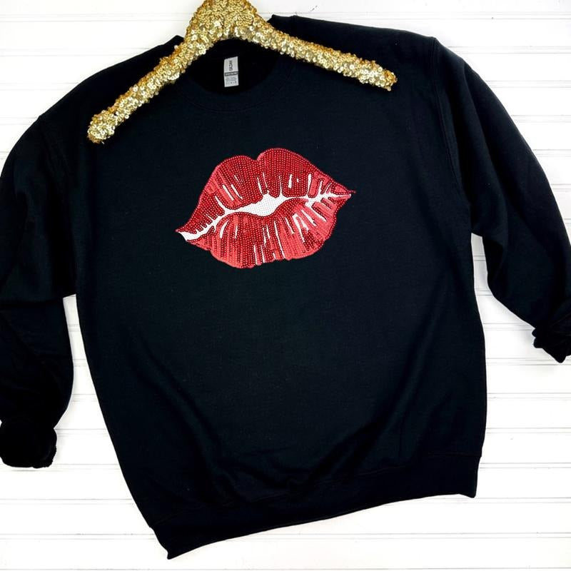 Red Sequin Lips Patch Sweatshirt -- BLACK T-Shirts, Hoodie | DripVista.com